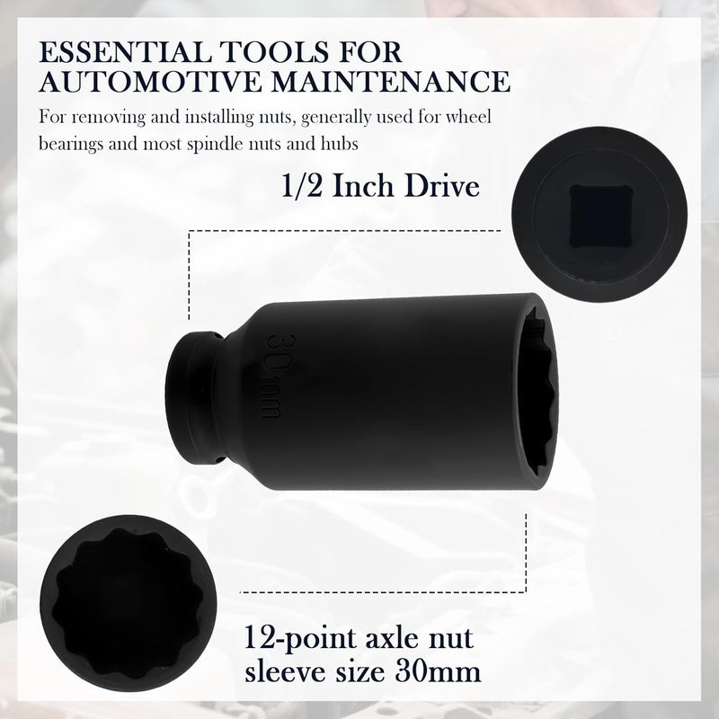 Figpade 30mm Socket 1/2 Drive,30mm 12 Point Axle Nut Socket for Quick Dismantling Axle Shaft Nuts,Professional 30 mm Sockets Deep Impact Sockets Set 1/2 Drive Automotive Tools - Image 4